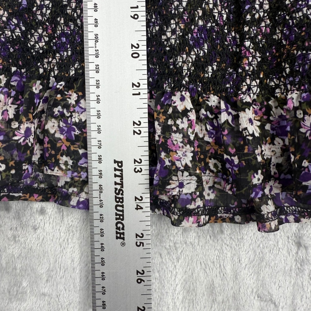 American Rag Floral Smocked Blouse Purple White Chiffon Square Neck BOHO Large - Picture 8 of 14